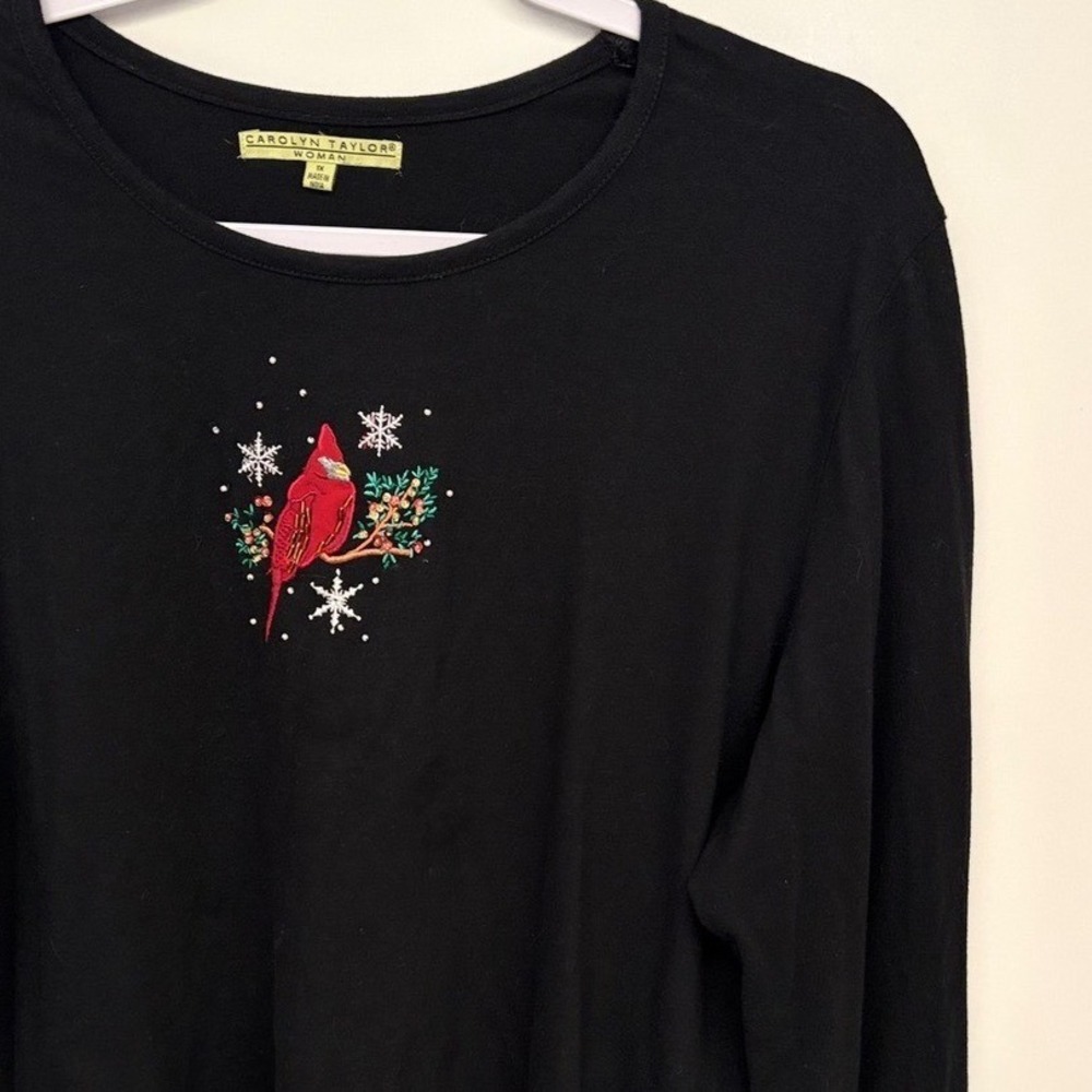 Grannycore Holiday Top Cardinal Embroidered Winter Women 1X Black